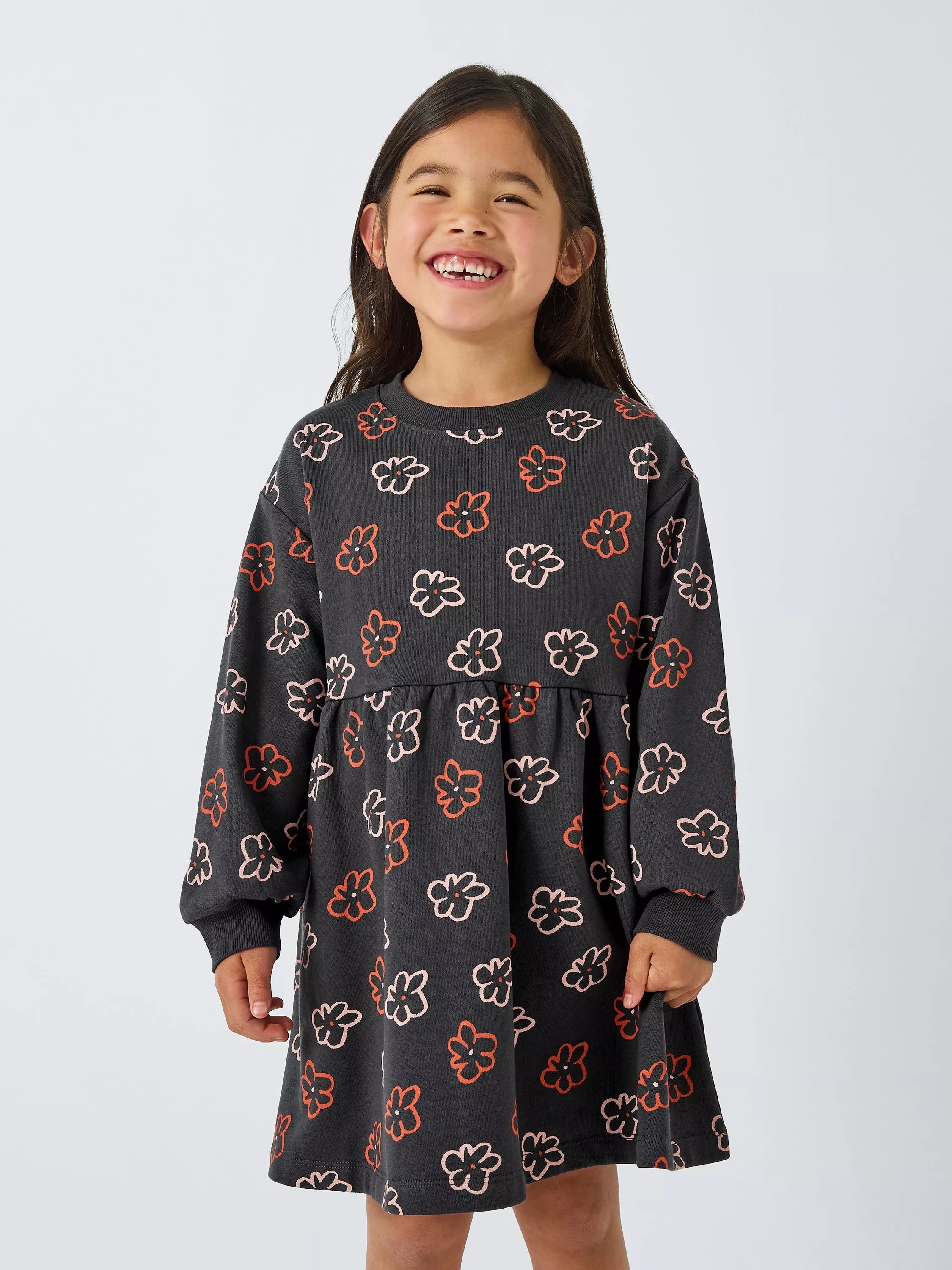 John Lewis ANYDAY Kids' Flower Jersey Dress, Charcoal - McGrocer