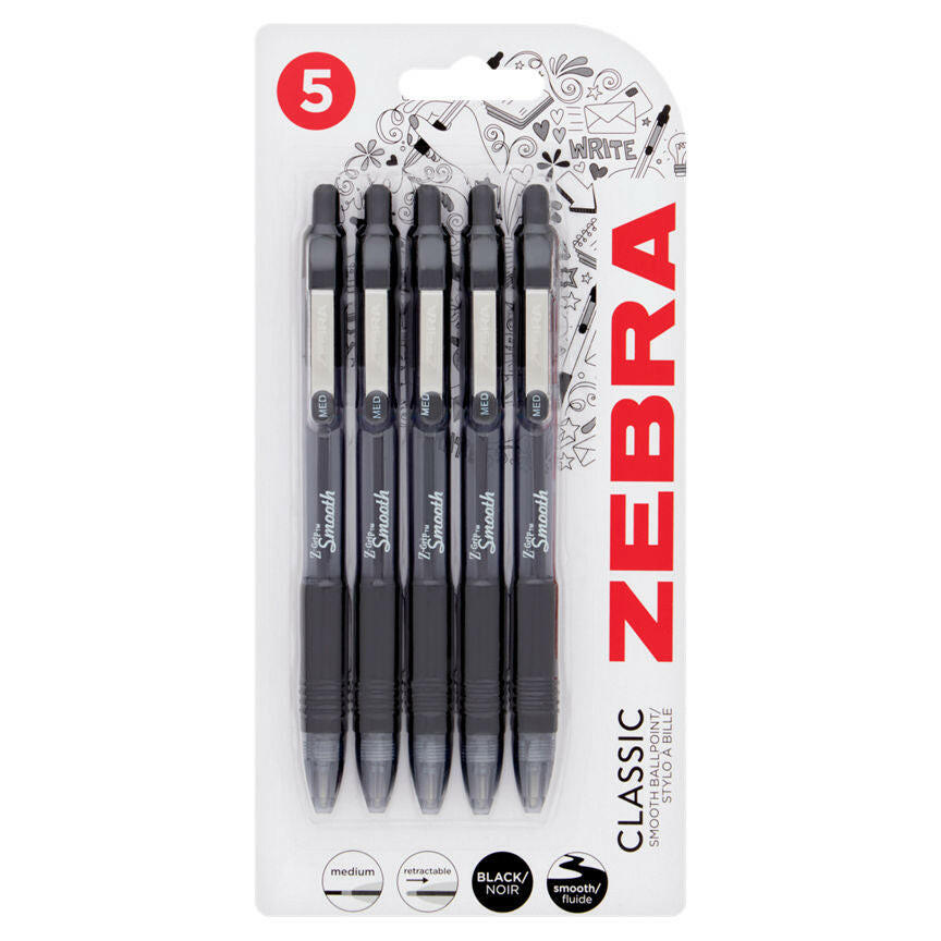Zebra Z-Grip Smooth Ball Pens 5 Pack Black Office Supplies ASDA
