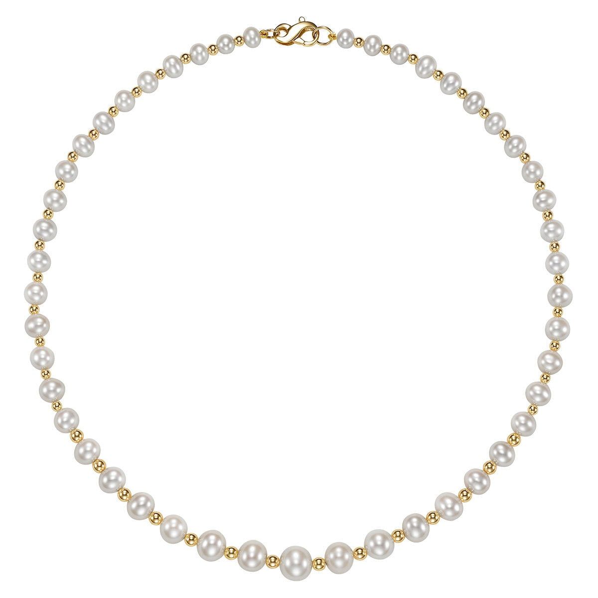 5-9mm Cultured Freshwater Pearl and Gold Bead Graduated Necklace, 14ct Yellow Gold - McGrocer