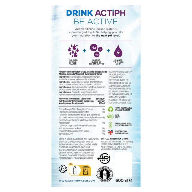 ACTIPH Alkaline Ionised Water 600ml - McGrocer
