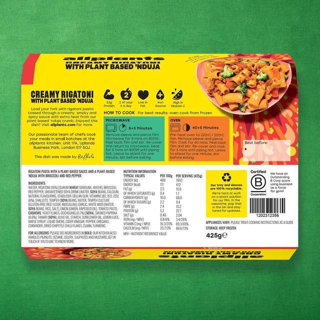 allplants Creamy Rigatoni with Plant Based 'Nduja for 1 425g - McGrocer