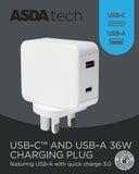 ASDA Tech Mains Charger - USB-A and USB-C 36W - McGrocer
