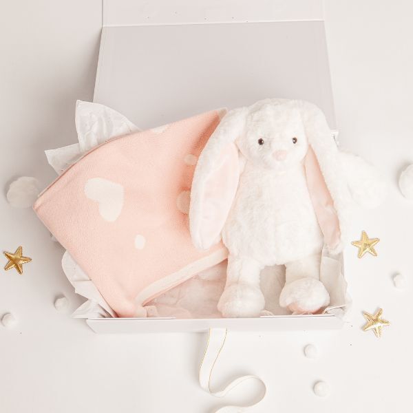 Babbico White Bunny And Pink Dot Heart Blanket Baby Gift Set - McGrocer