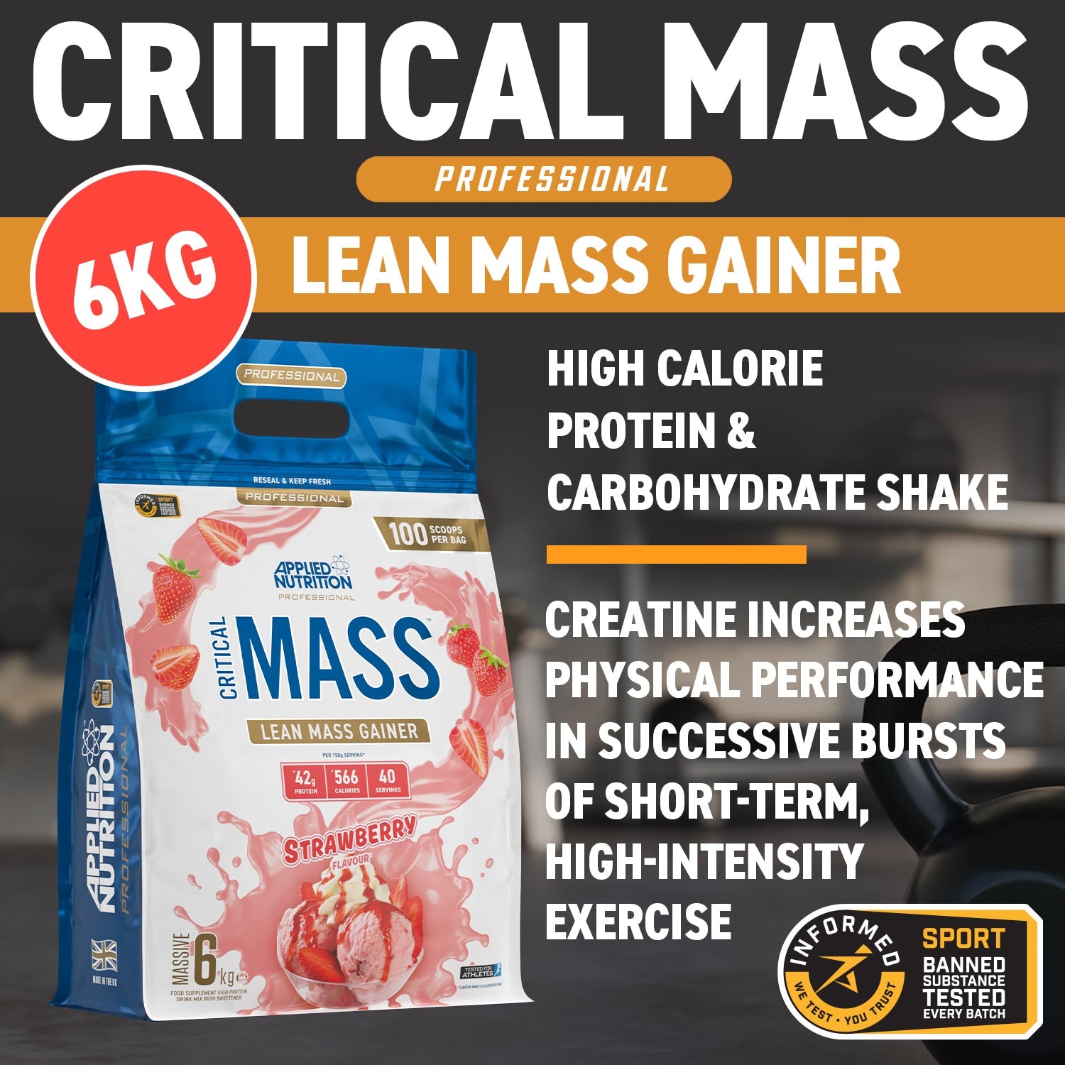 Applied Nutrition Critical Mass Professional Lean Mass Gainer Strawberry 2.4kg (16 Servings) - 999299