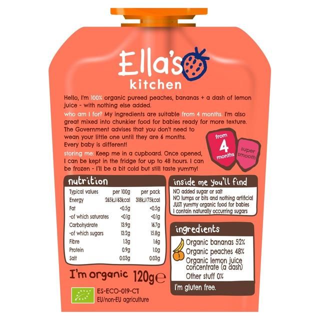Ella's Kitchen Peaches and Bananas Baby Food Pouch 4+ Months 120g