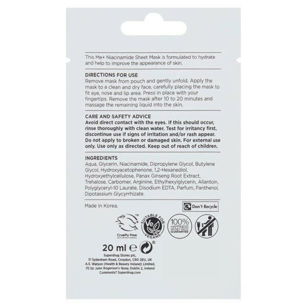 Superdrug Me+ Niacinamide Sheet Mask 20ml GOODS Superdrug
