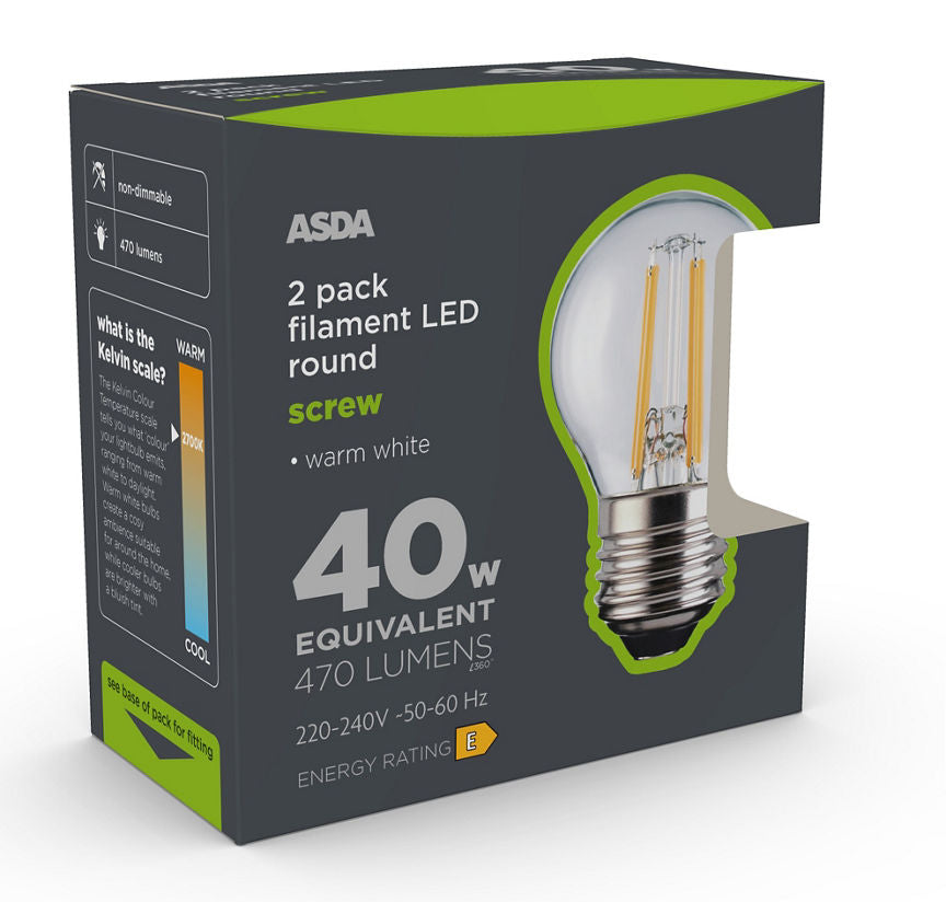ASDA LED Filament Round 40W Large Screw Clear Lightbulb - McGrocer