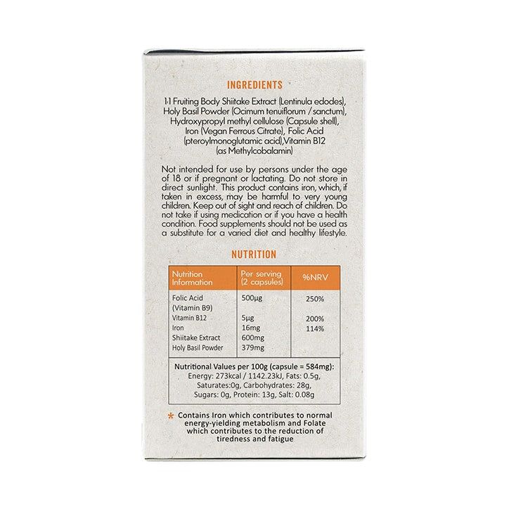 Grass & Co. POWER Shiitake Mushrooms with Holy Basil + Iron 60 Vegan Capsules