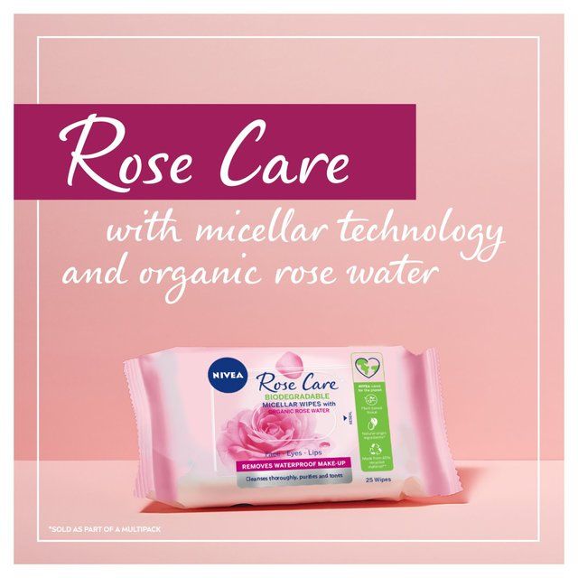 NIVEA Rose Care Biodegradable Micellar Face Wipes with Organic Rose Water 2 x 25 per pack