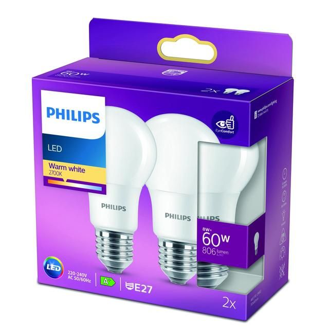 Philips LED Classic Frosted 60W A60 Light Bulb E27 Warm White 2 per pack
