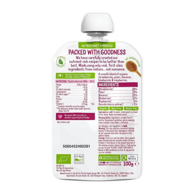 Piccolo Blushing Berries Pear & Banana Organic Pouch 4 mths+ 100g