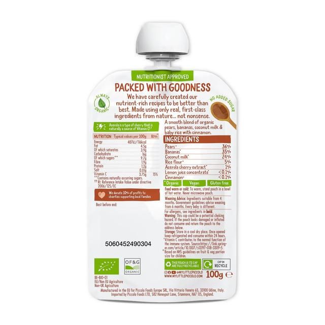 Piccolo Pear Banana Coconut Milk & Baby Rice Organic Pouch 4 mths+ 100g