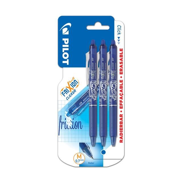 Pilot FriXion Clicker Erasable Ink Rollerball Pen 07 Medium - Blue 3 per pack
