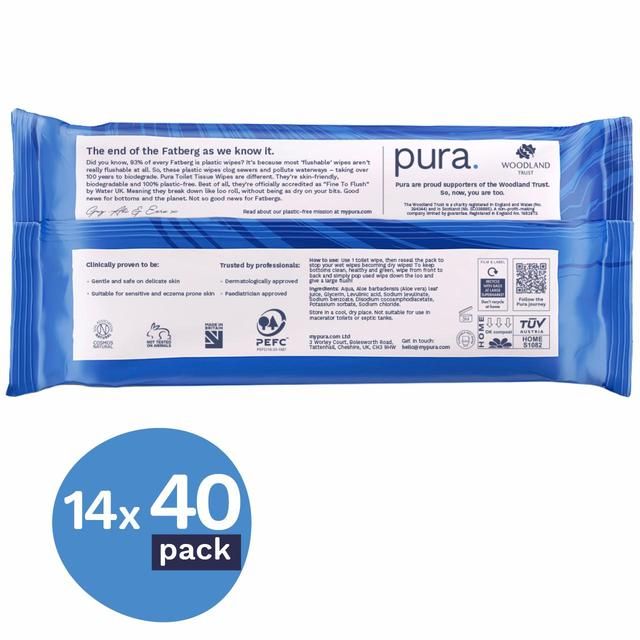 Pura Flushable Toilet Tissue Wipes Multipack 14 x 40 per pack