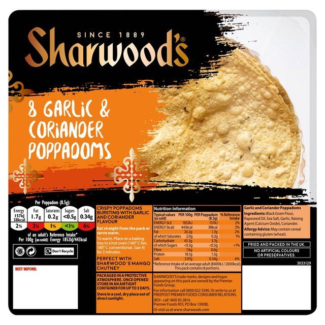 Sharwood's Garlic & Coriander Poppadoms 8 per pack