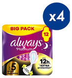 Always Platinum Secure Night Extra Size 5 Sanitary Towels With Wings 12 Pads - Bundle x4