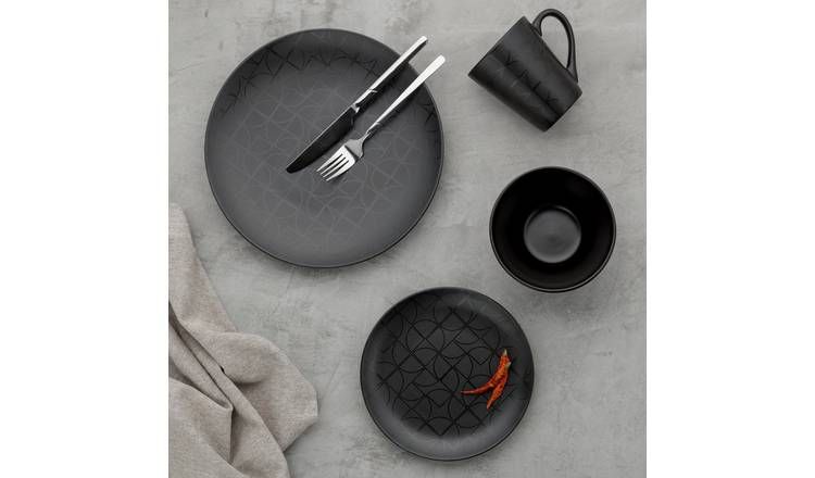Argos Home Geo 16 Piece Stoneware Dinner Set - Black - McGrocer