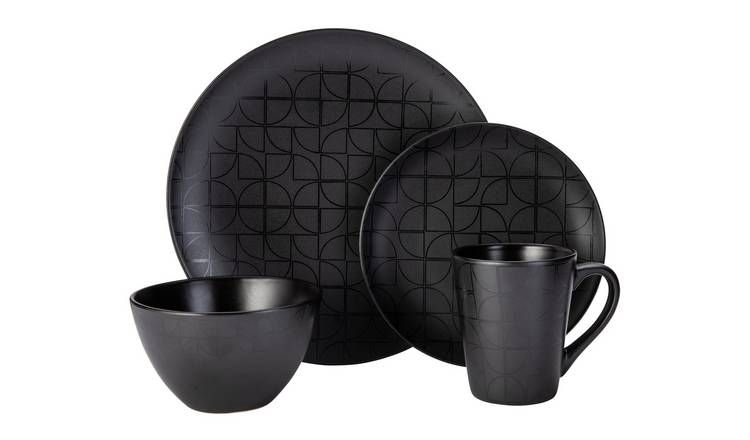Argos Home Geo 16 Piece Stoneware Dinner Set - Black - McGrocer