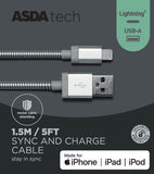 ASDA Tech Lightning Cable - Silver Metal 1.5m - McGrocer
