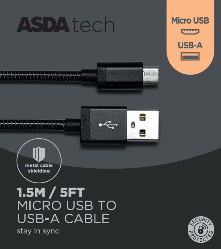 ASDA Tech Micro USB Cable - Metal Black 1.5m - McGrocer