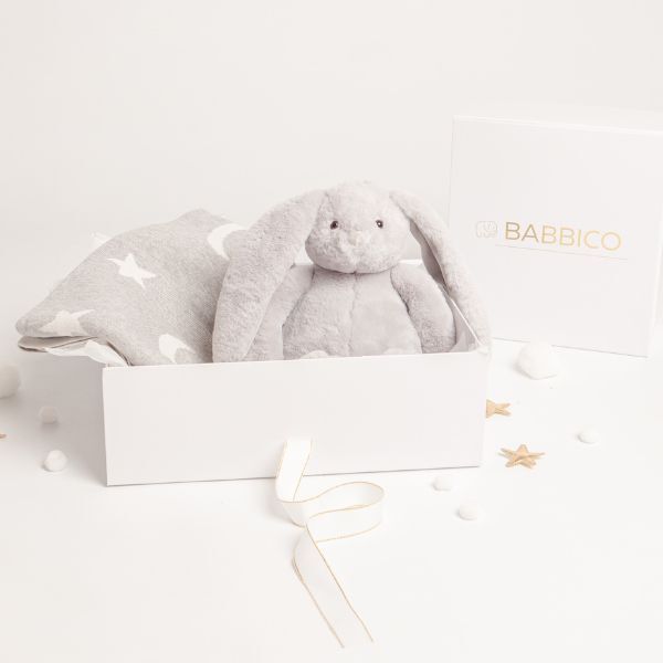 Babbico Grey Bunny Toy And Moon & Star Blanket Baby Gift Set - McGrocer