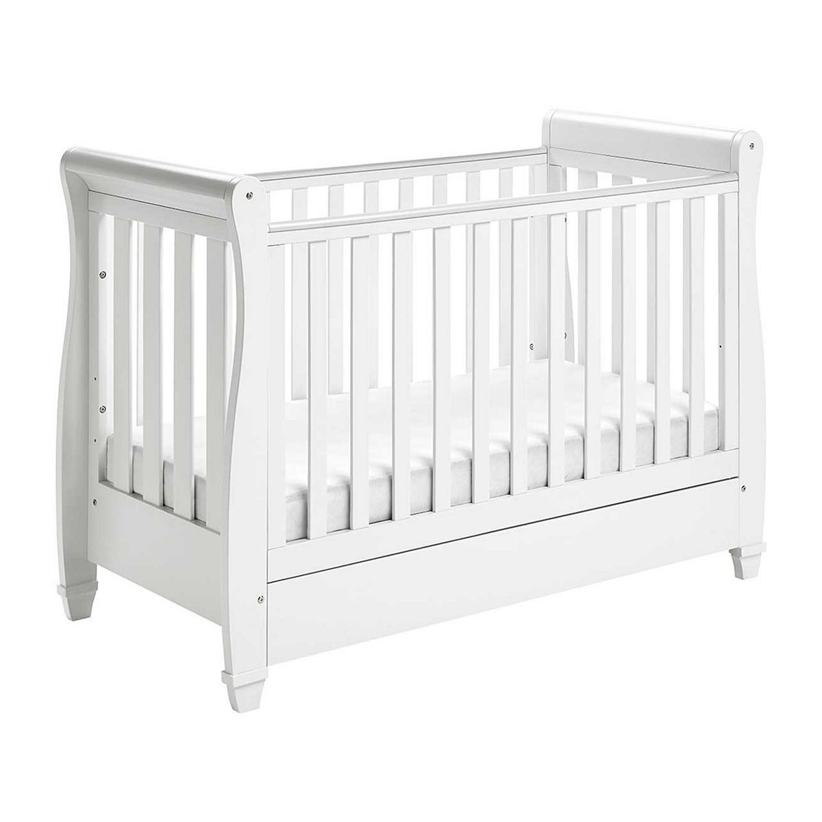 Babymore Eva Sleigh Cot Bed Dropside with Drawer - White - McGrocer