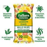 Zoflora Lemon Zing Antibacterial Multi-surface Wipes   70 per pack - McGrocer