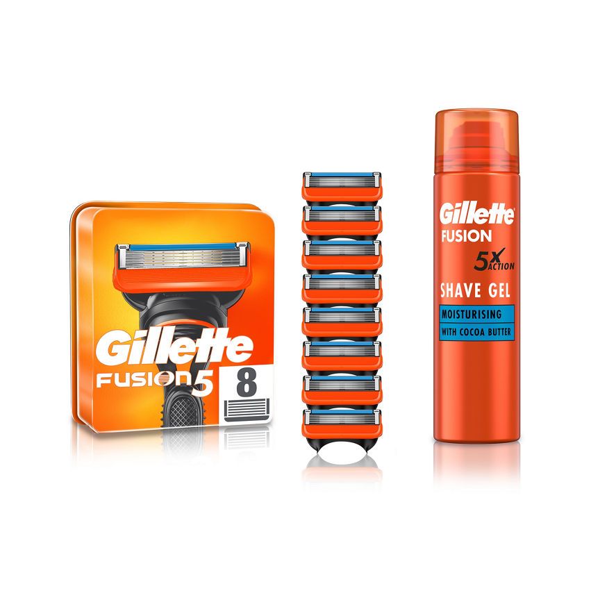 Gillette Fusion 5 8 Razor Blades &amp;amp; Moisturising Shave Gel Bundle