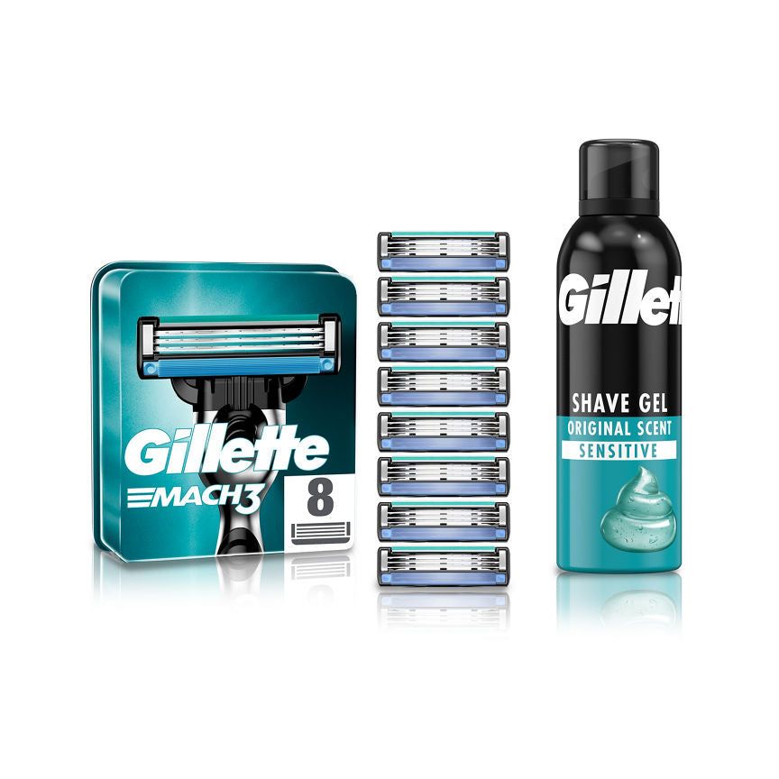 Gillette Mach 3 8 Razor Blades &amp;amp; Sensitive Shave Gel Bundle