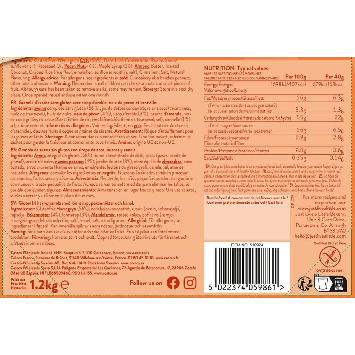 Just Granola Maple and Toasted Pecan Granola, 1.2kg