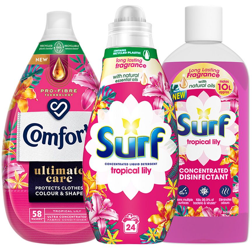 Liquid Laundry Detergent 24W, Comfort Fabric Conditioner 58W &amp;amp; Disinfectant Tropical Bundle