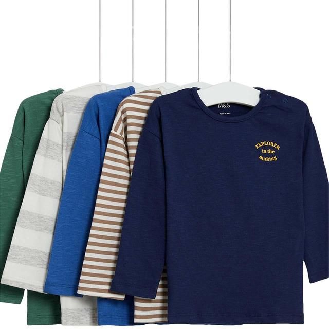 M&amp;amp;S Cotton Boys Long Sleeve Tops 5 Pack 0 Months-3 Years Navy