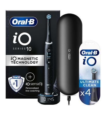 Oral-B iO10 Electric Toothbrush Cosmic Black + iO&amp;trade; Ultimate Clean Black Replacement Electric Toothbrush Heads 4 Pack Bundle