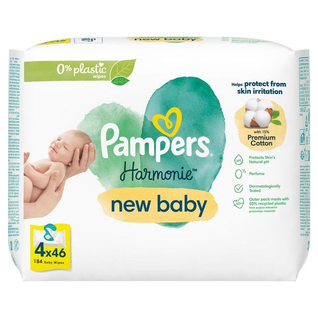 Pampers Harmonie New Baby Plastic Free Baby Wipes X4   4 x 46 per pack