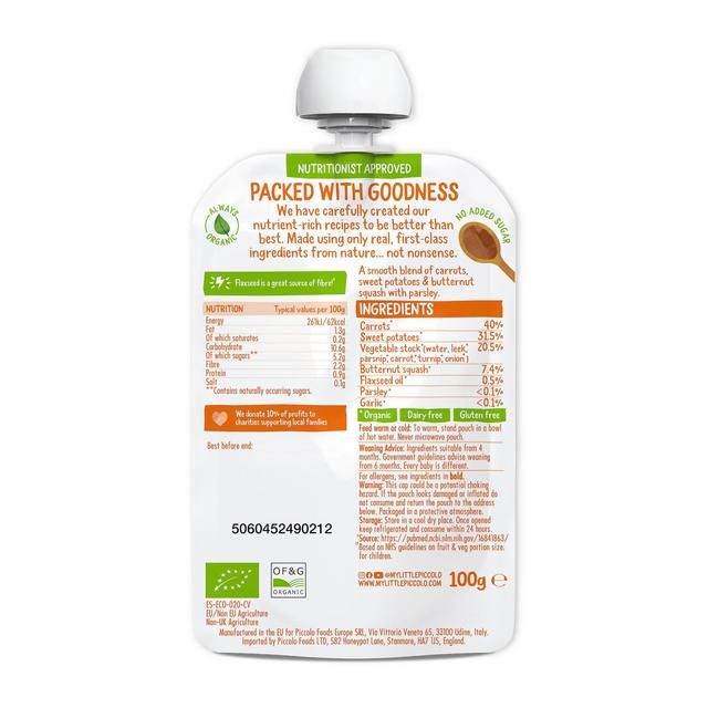 Piccolo Carrot Sweet Potato Butternut Squash Organic Pouch 4 mths+   100g