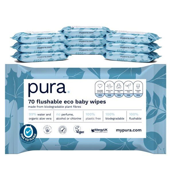 Pura Flushable Baby Wipes, 10 x 70 pack, (700 Wipes)