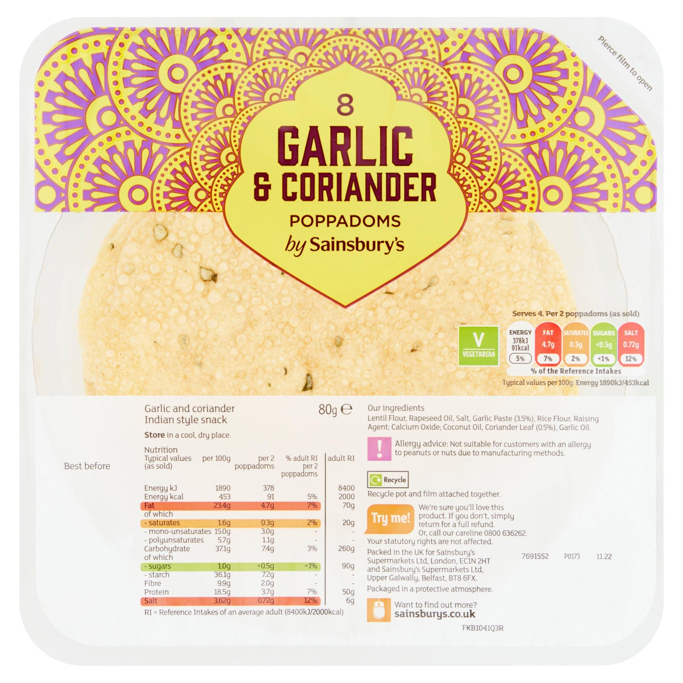 Sainsbury's Garlic &amp;amp; Coriander Poppadoms 80g