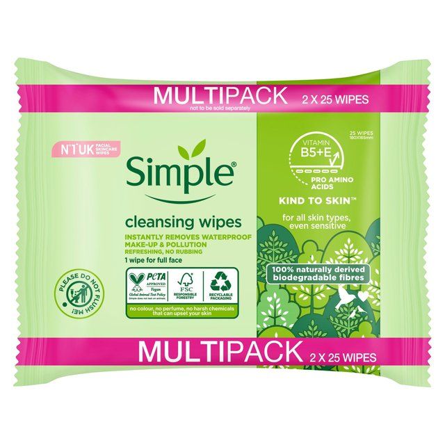 Simple Kind to Skin Biodegradable Face Wipes   2 x 25 per pack