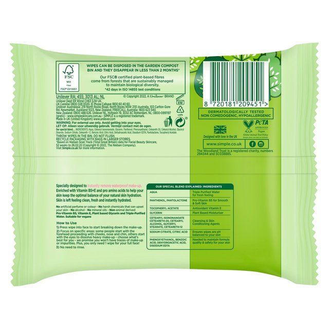 Simple Kind to Skin Biodegradable Face Wipes   2 x 25 per pack